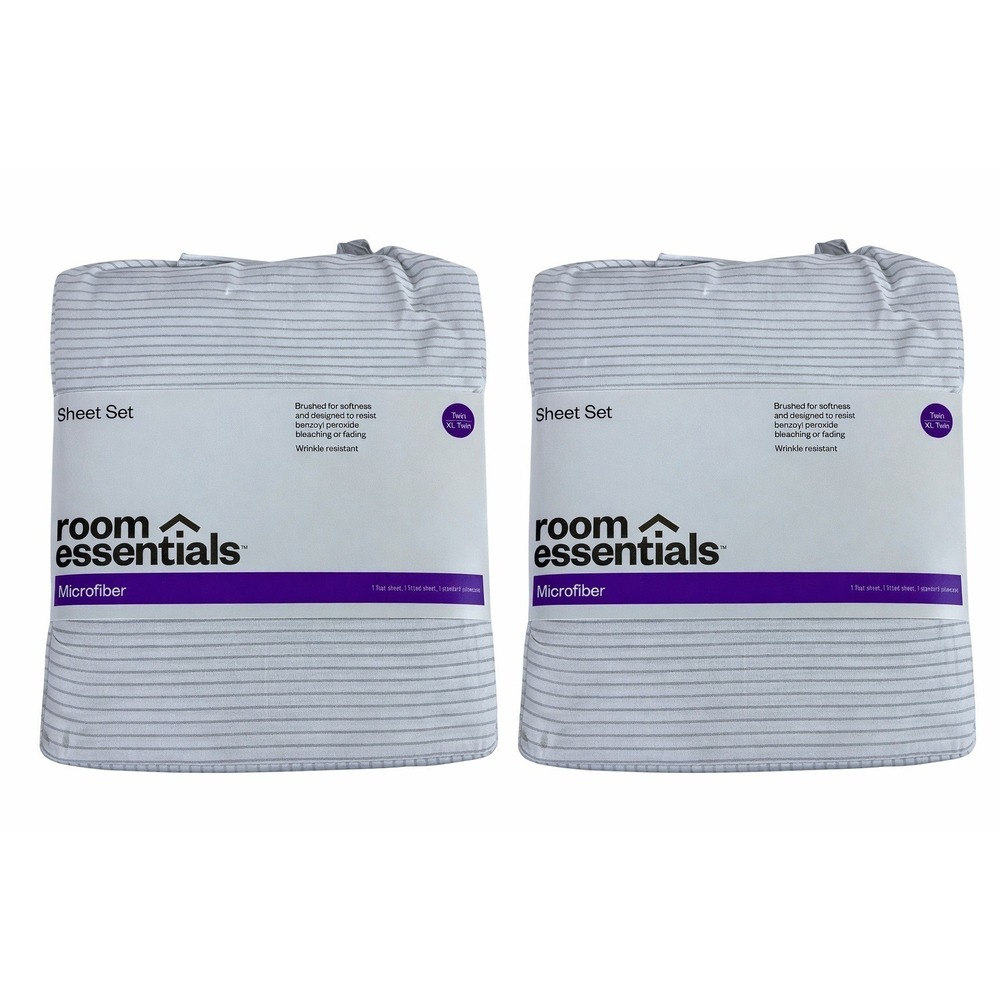 Bundle of 2 Room Essentials Twin XL Gray Stripe Sheet Set - Brushed Microfiber